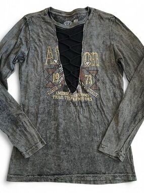 Affliction Distressed Gray Black Lace-Up Long Sleeve Tee